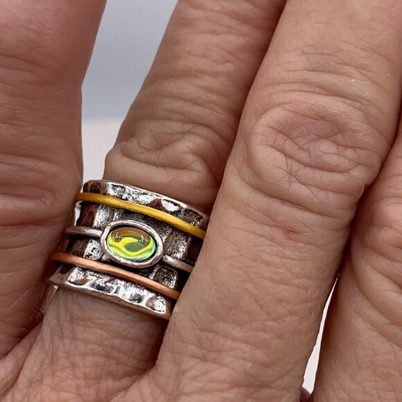 Solid sterling 925 silver, sz 7, copper and gold detail, man made opal, new - Picture 1 of 13